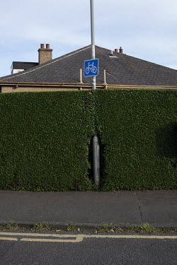 A lampost surrounded by hedge in Craigleith.  Hedges offer increased privacy, isolating the homeowner and emphasising the division of public and private space. Where boundaries between properties meet...