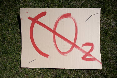 'CO2', one of the thousands of protest signs and banners laid out by environmental activists, part of 'FridaysForFuture', 'Fridays for Future', or 'Global Strike for Future' climate protest, in front...
