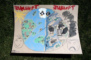 'Zukunft, Zukunft', one of the thousands of protest signs and banners laid out by environmental activists, part of 'FridaysForFuture', 'Fridays for Future', or 'Global Strike for Future' climate prote...