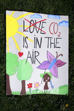 'Love CO2 Is In the Air', one of the thousands of protest signs and banners laid out by environmental activists, part of 'FridaysForFuture', 'Fridays for Future', or 'Global Strike for Future' climate...