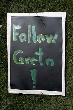 'Follow Greta', one of the thousands of protest signs and banners laid out by environmental activists, part of 'FridaysForFuture', 'Fridays for Future', or 'Global Strike for Future' climate protest,...