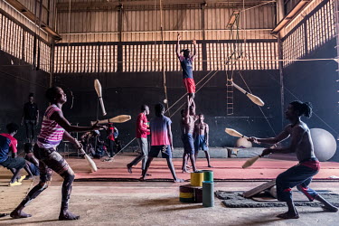 Acrobats and jugglers from the Tinafan circus school during a training session at the Centre Keita Fodeba.