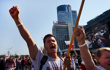 A man shouts 'Long Live Belarus' as an anti-government, pro-democracy demonstration, which attracted more than 100,000 protesters, makes it way along through the city centre. The protestors were deman...