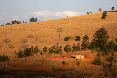 A rural homestead sits on a hillside where the grass cover has turned brown due to limited water.
