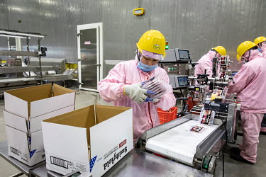Factory employees pack sliced ham made from imported pork meat, supplied by Smithfield Foods Inc., on a production line at a WH Group Ltd. facility that processes the pork into ham. As China prohibits...