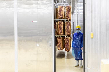 A factory employee stands beside racks of imported pork bellies, supplied by Smithfield Foods Inc., that are being processed into bacon on a production line at a WH Group Ltd. facility. As China prohi...