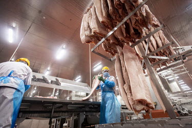 A production line employee hangs a side of imported pork belly, supplied by Smithfield Foods Inc., onto a rack during the making of bacon at a WH Group Ltd. facility. As China prohibits imports of pro...