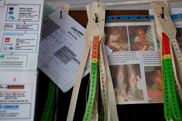 MUAC test (mid-upper arm circumference) test strips at a nutrition clinic in Protection of Civilians (PoC) camp 3.