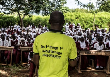 Peter Muyerere, a teacher at the Kasana Vocational Secondary school, talks to students about safe abortions and reproductive health issues during an event arranged by VODA.