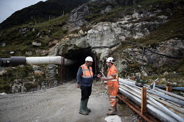 A miner speaks to mine manager Marshall Badza (left) at the beginning of his shift at the entrance to the Cononish Gold Mine. The mine is being excavated on the borders of Loch Lomond and the Trossach...