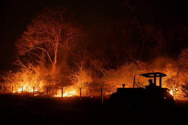 A farm worker tries to control the flames as a fire burns through forest on the Santa Tereza farm in the Pantanal.  Since the beginning of 2020, the Pantanal has been facing the largest destruction...