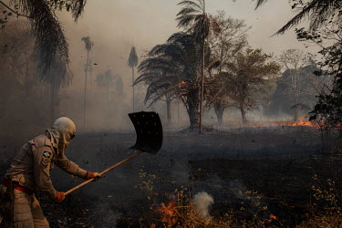 A fire fighter tries to put out the flames from a wildfire at the Sao Francisco de Perigara in Barao De Melgaco in the Pantanal, which is home to one of the largest populations of hyacinth macaws in t...