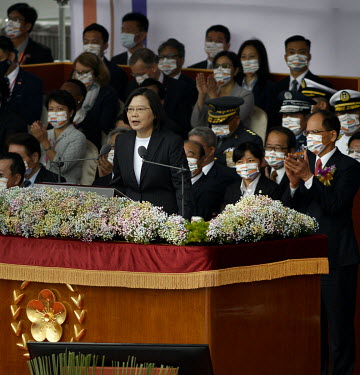 Taiwan President TSAI Ing-wen (at podium) makes a speech during official celebrations marking the 109th Taiwan (The Republic of China) National Day on 10 October 2020.