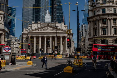 The centre of the City of London, the capital's financial district by Bank underground station. Centre of frame is the Royal exchange, the Bank of England is extreme left of frame.
