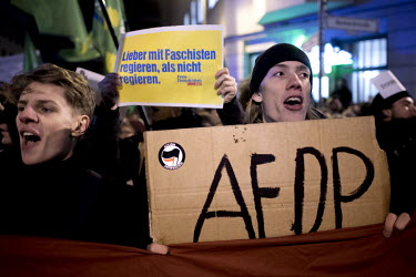 A protest, outside the headquarters of the Free Democratic Party (FDP), following the election of Thomas Kemmerich (FDP) as premier of Thuringia which was achieved with the support of the right-wing A...
