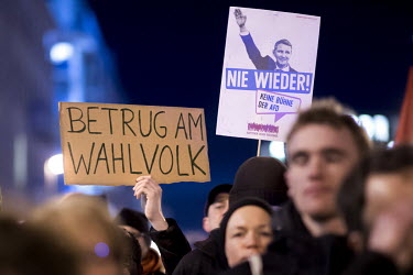 A protest, outside the headquarters of the Free Democratic Party (FDP), following the election of Thomas Kemmerich (FDP) as premier of Thuringia which was achieved with the support of the right-wing A...