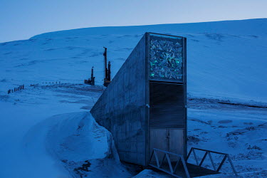 The entrance door to the Global Seed Vault where, in recent years, the main tunnel has experienced some flooding due to permafrost melt. Temperatures in this region are warming faster than anywhere el...