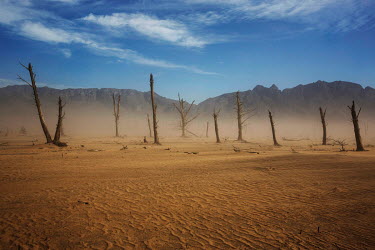 Gusts of wind kick up sand in the dry bed of the Theewaterskloof reservoir, which supplies much of the water for the city of Cape Town. In early 2018, when the dam's water was predicted to decline to...
