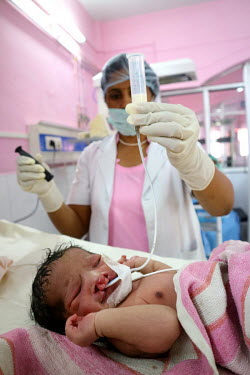 A health worker uses a feeding tube while treating a premature baby in the Sick New Born Care Unit at the Virangna Avanti Bai District Women's Hospital.