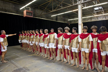 Youths dressed as Roman soldiers prepare to take part in the annual Procession of the Holy Blood (Ascension Day), during which Biblical scenes are re-enacted and a relic, said to contain the blood of...
