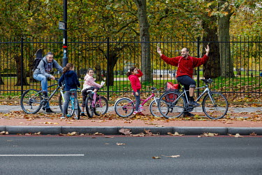 People riding bicycles along cycle path in Rotherhithe, Southwark