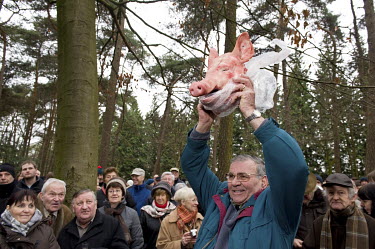 A man holds a severed pig's head aloft during the celebration of Saint Antony, patron saint of the pigs, when pig's heads are sold by auction.