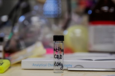 A vial in the laboratory where organic chemist Raphael Mechoulam and his research group work at the Hebrew University of Jerusalem. Mechoulam led the research group that was the first to succeed in th...