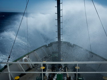 The Greenpeace ship, Arctic Sunrise moves through rolling seas as it crosses the Drake Passage after a six week tour of Antarctica.