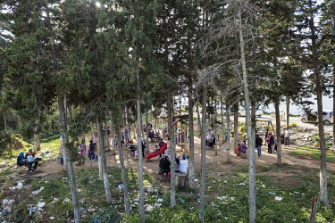 Children in a playground among the trees near Ain Achir Beach.