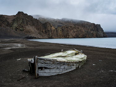 The remains of a wooden boat lie along the shore of Whalers Bay, Deception Island in the South Shetland Islands.   The Greenpeace ship MY Esperanza is on the final leg of the pole to pole voyage fro...