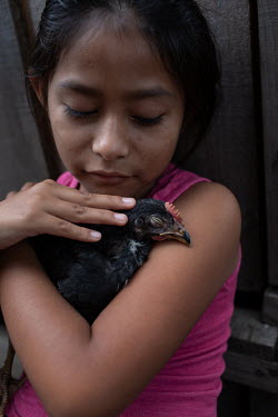 Saylin Camposeco, 8, holds her pet hen, who she hasn't named yet, outside her unit at the Single-Family Transitional Shelters.