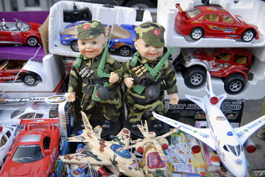 Plastic Turkish soldier toys for sale from a stall.