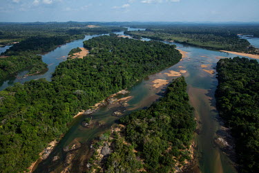 A stretch of the Xingu river between the Belo Monte dam and Altamira, seen in 2011 before the dam's construction. The total area flooded by the reservoir was nearly 516 km2, and all these islands form...