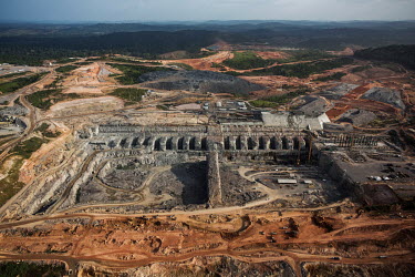 An aerial view of the construction of the Belo Monte dam on the Xingu River. More than 80% of the river's waters has been diverted from its natural course, making it one of the biggest man-made interv...