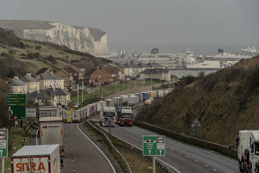 A tailback of trucks waiting to enter the Port of Dover.