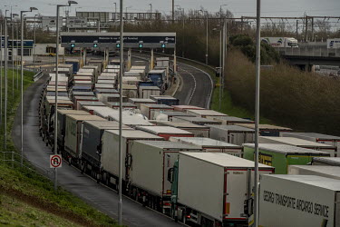 Trucks line up at the Channel Tunnel terminal. As Brexit approaches, there have been long tailbacks of trucks trying to enter the channel tunnel.