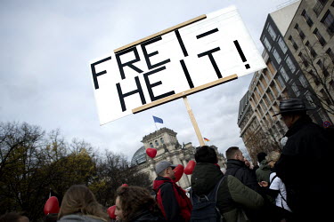 A protester holds a placard that reads: 'Freiheit' (freedom) during a protest against lockdown measures and other government policies relating to the novel coronavirus crisis.