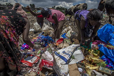 Women belonging to the Lakula Group Banda Plastics group search for items of resellable plastic waste at an illegal rubbish dump in Banda.