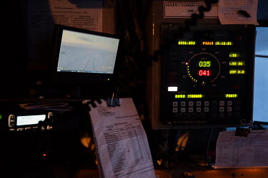A cctv display in the driver's cab of the tracks ahead of a locomotive as it travels to the Gasprom Bovanenkovo gas field along the Obskaya-Bovanenkovo railway line.