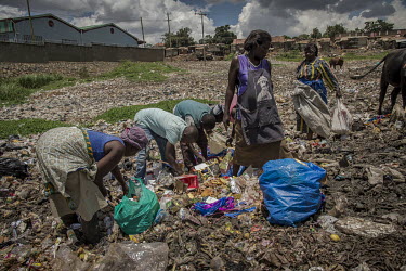 Women belonging to the Lakula Group Banda Plastics group search for items of resellable plastic waste at an illegal rubbish dump in Banda.