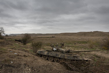 Destroyed Armenian tanks on the side of a road near the former frontline in the Fizuli region of Azerbaijan that was occupied by Armenia in 1988 and recaptured by the Azeris during the 2020 Nagorno-Ka...