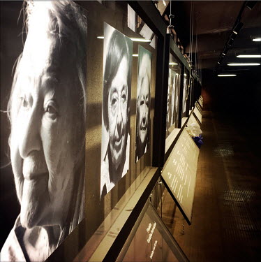 Portraits forming an exhibition in the women's section at the national stadium (Estadio Nacional), which is now a memorial to political prisoners and disappeared victims of the Pinochet dictatorship.