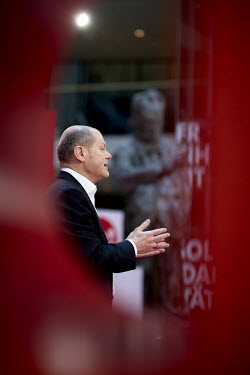Olaf Scholz, German Minister of Finance and German Social Democrats (SPD) candidate for chancellor, during a digital debate camp at the headquarters of the SPD .