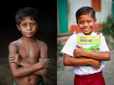 A child covered in dust from labouring in a grain mill (left) and the same boy after he stopped labouring and started to attend school.