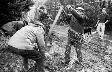 Local residents pull down fences in an attempt to help tree top protesters who are being evicted from the Selar open cast mine.