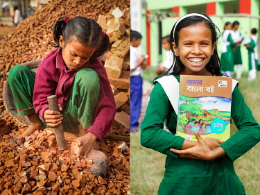 A child uses a heavy hammer to break old bricks at a crushing site (left), and the same girl after she stopped labouring in the factory and started to attend school.