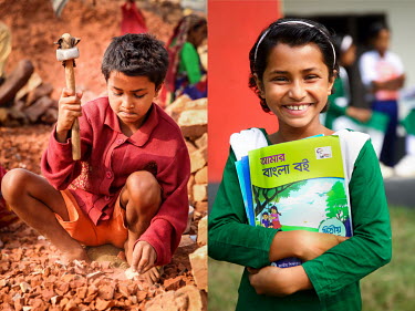 A child uses a heavy hammer to break old bricks at a crushing site (left), and the same girl after she stopped labouring in the factory and started to attend school.