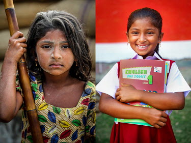 A child covered in dust from labouring in a grain mill (left) and the same girl after she stopped labouring and started to attend school.