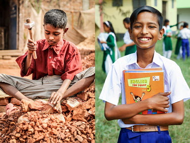 A child uses a heavy hammer to break old bricks at a crushing site (left), and the same boy after he stopped labouring in the factory and started to attend school.
