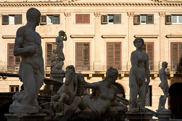 Sculptures at the Praetorian Fountain built in 1554 by Francesco Camilliani in Florence but moved to Palermo in 1574.